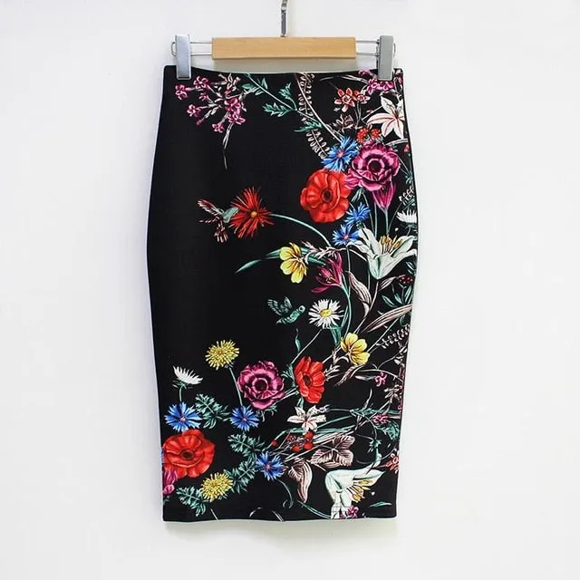 VenusFox Vintage Bodycon Floral Print High Waist Pencil Midi Skirt