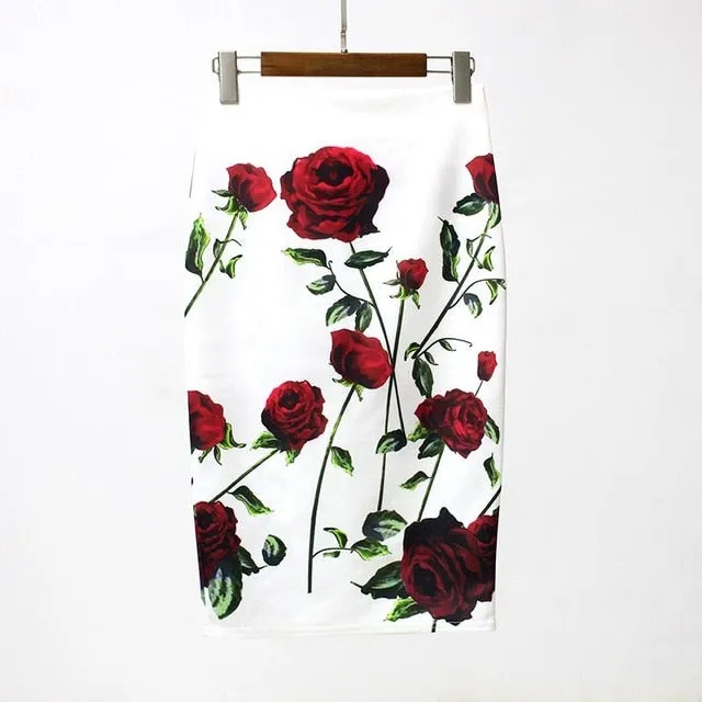 VenusFox Vintage Bodycon Floral Print High Waist Pencil Midi Skirt