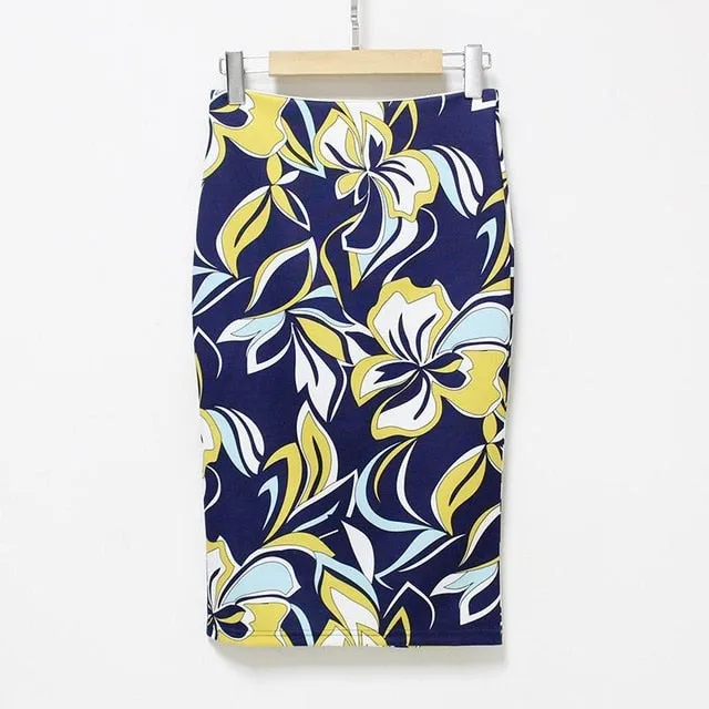 VenusFox Vintage Bodycon Floral Print High Waist Pencil Midi Skirt