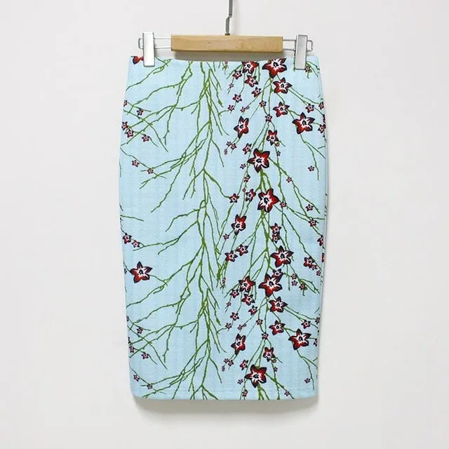 VenusFox Vintage Bodycon Floral Print High Waist Pencil Midi Skirt