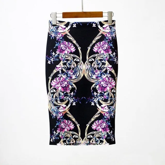 VenusFox Vintage Bodycon Floral Print High Waist Pencil Midi Skirt