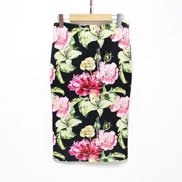 VenusFox Vintage Bodycon Floral Print High Waist Pencil Midi Skirt