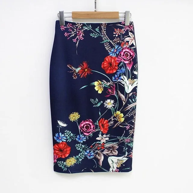 VenusFox Vintage Bodycon Floral Print High Waist Pencil Midi Skirt