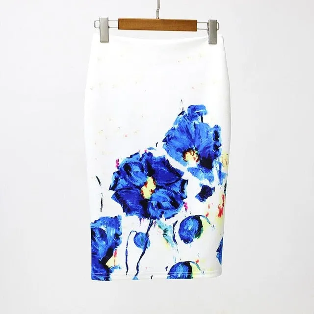 VenusFox Vintage Bodycon Floral Print High Waist Pencil Midi Skirt