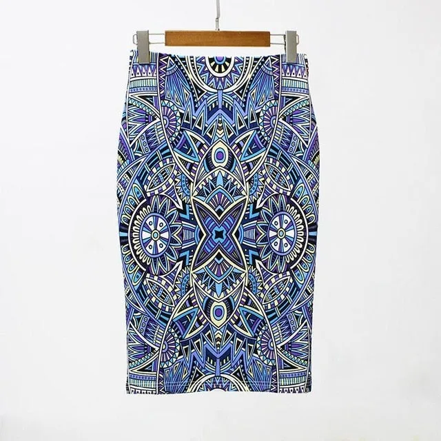 VenusFox Vintage Bodycon Floral Print High Waist Pencil Midi Skirt