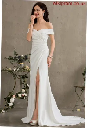 Wedding Wedding Dresses Sheath/Column Train With Split Ruffle Dress Stretch Front Crepe Gwen Sweep Off-the-Shoulder