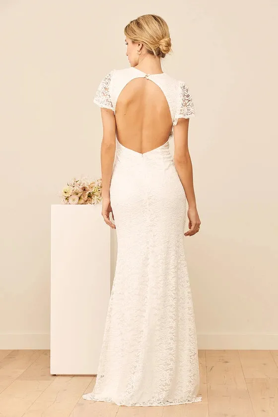 White Lace Flutter Sleeve Backless Floor-length Wedding Dresses Maxi Dress