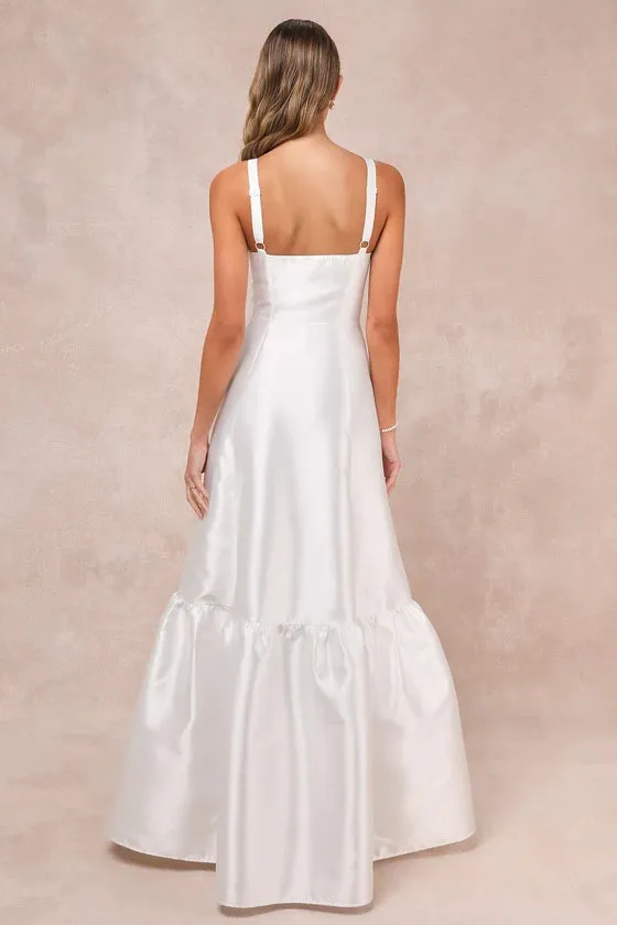 White Taffeta Bustier Tiered Maxi Dress Cute A-Line Wedding Dresses