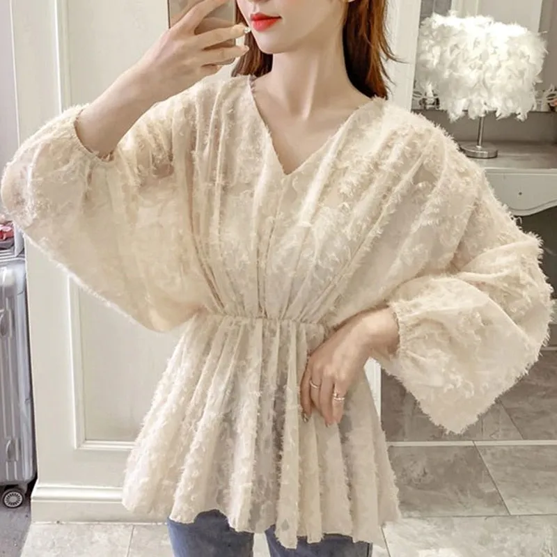 Women Elegant Casual Sweet Fashion V-neck Elastic Waist Puff Sleeve Tassel Lace Blouses - WSB8524