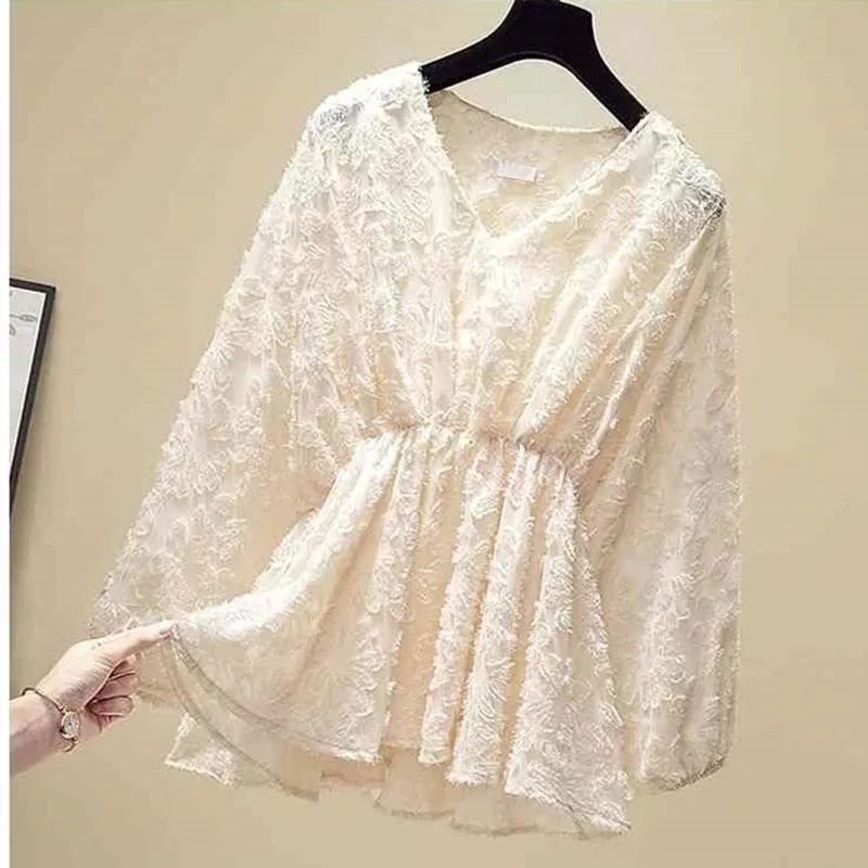 Women Elegant Casual Sweet Fashion V-neck Elastic Waist Puff Sleeve Tassel Lace Blouses - WSB8524