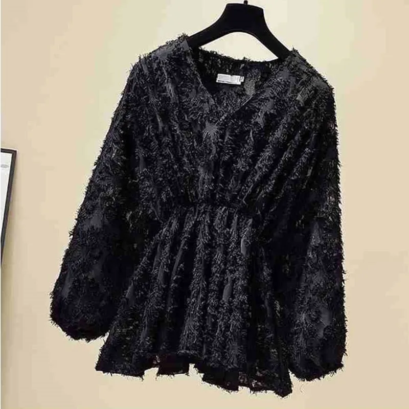 Women Elegant Casual Sweet Fashion V-neck Elastic Waist Puff Sleeve Tassel Lace Blouses - WSB8524