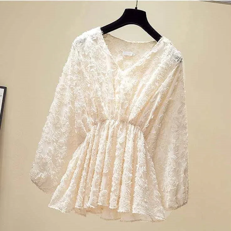 Women Elegant Casual Sweet Fashion V-neck Elastic Waist Puff Sleeve Tassel Lace Blouses - WSB8524