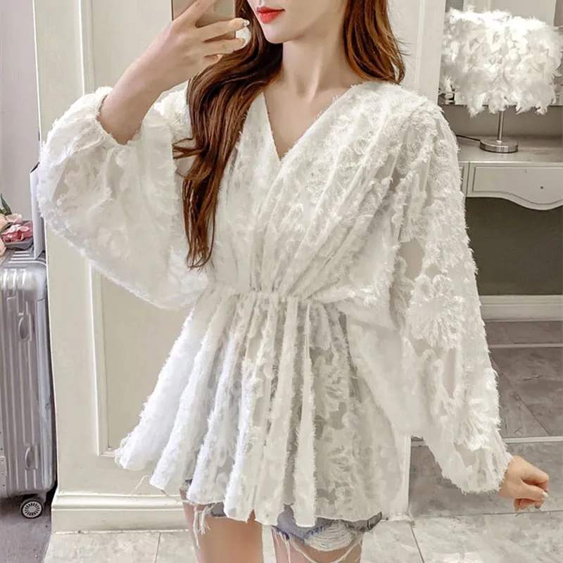 Women Elegant Casual Sweet Fashion V-neck Elastic Waist Puff Sleeve Tassel Lace Blouses - WSB8524