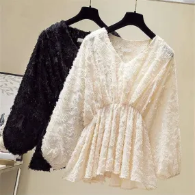 Women Elegant Casual Sweet Fashion V-neck Elastic Waist Puff Sleeve Tassel Lace Blouses - WSB8524