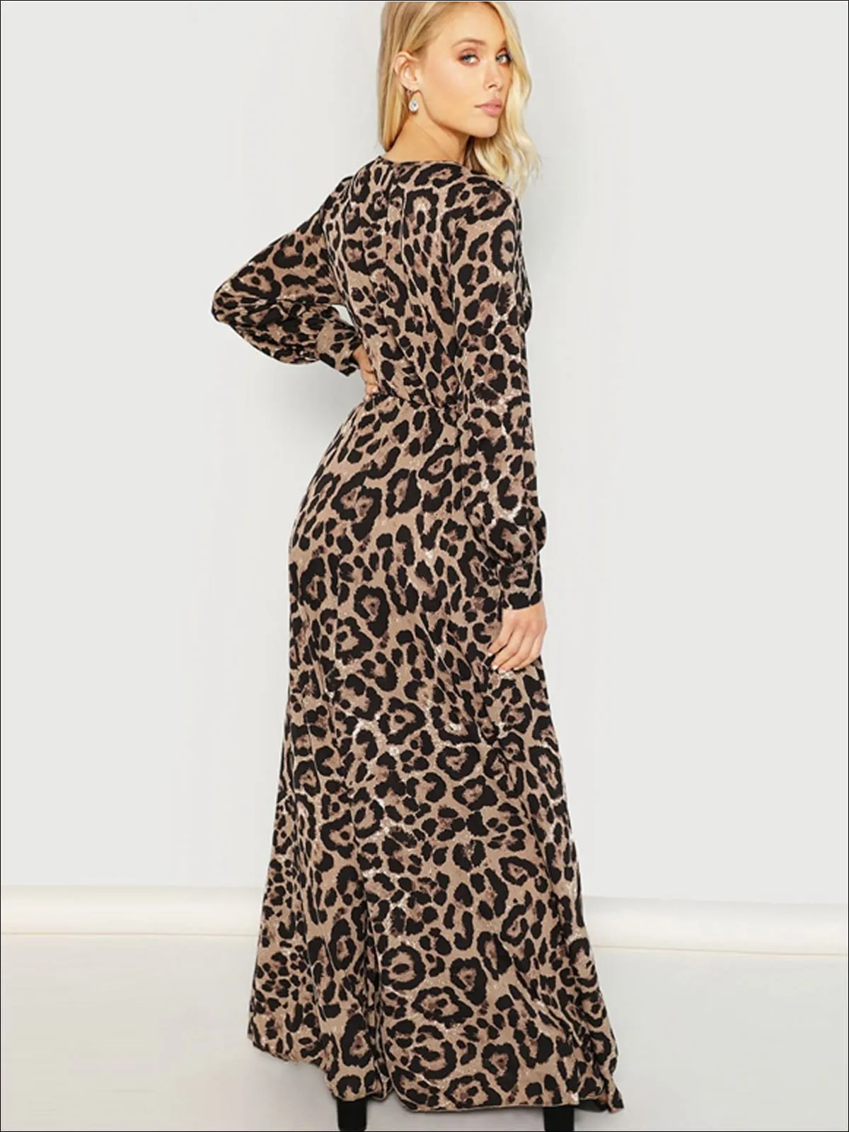 Women's Leopard Print Long Sleeve Wrap Maxi Dress