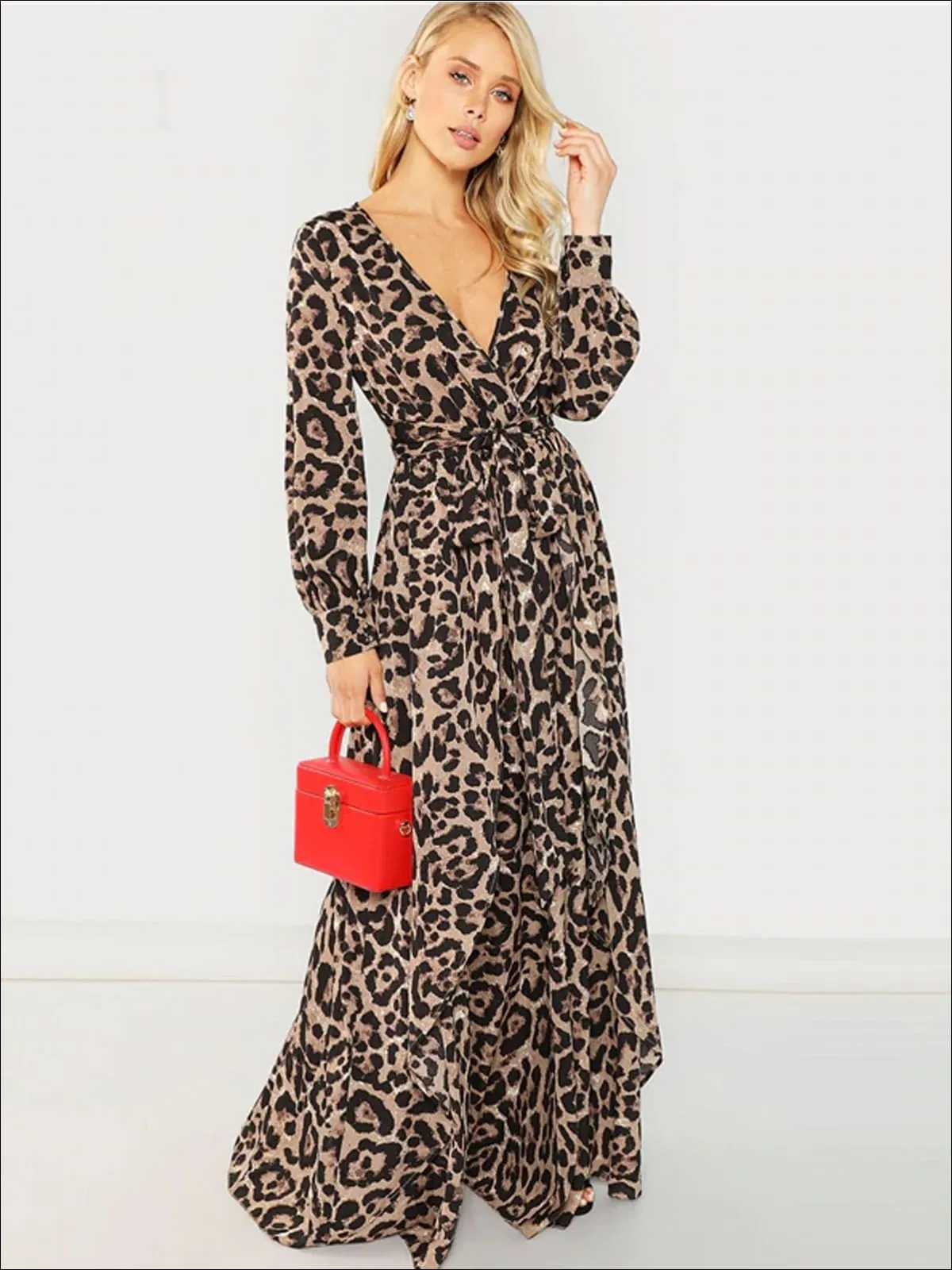 Women's Leopard Print Long Sleeve Wrap Maxi Dress