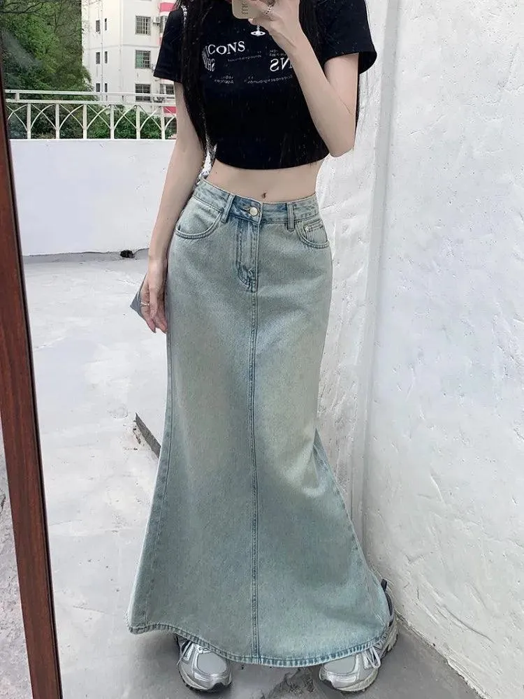 Women's Long Denim Skirt High-Waist Back Split Pencil Skirt