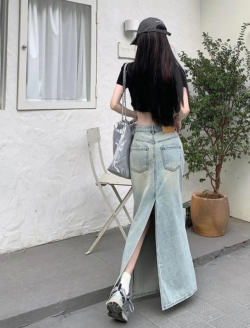 Women's Long Denim Skirt High-Waist Back Split Pencil Skirt