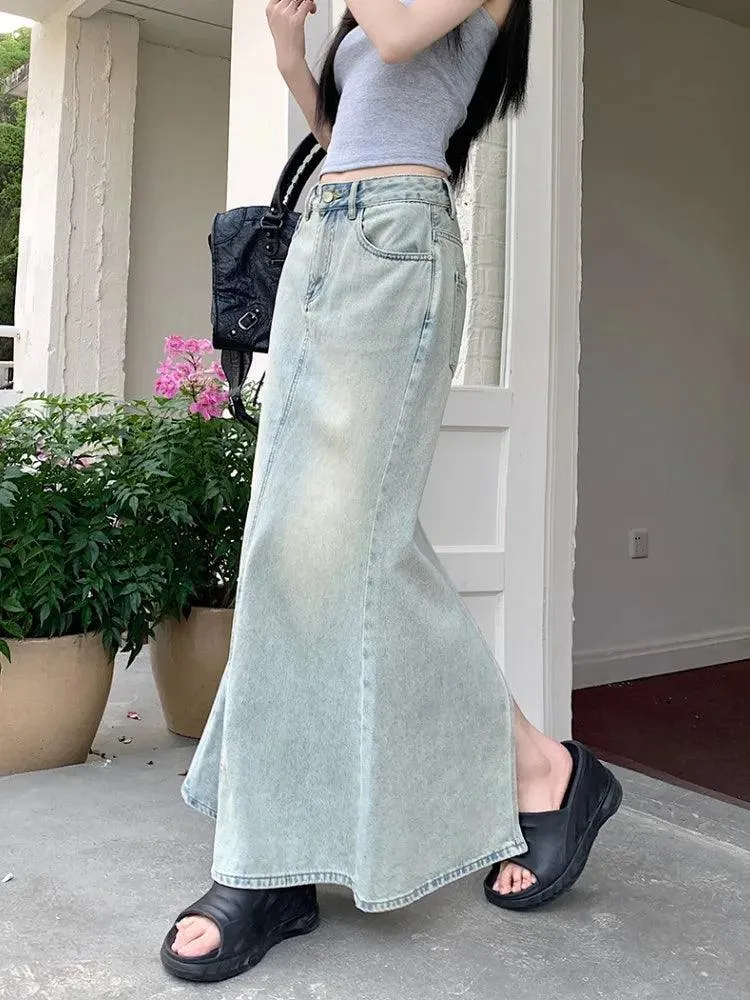 Women's Long Denim Skirt High-Waist Back Split Pencil Skirt