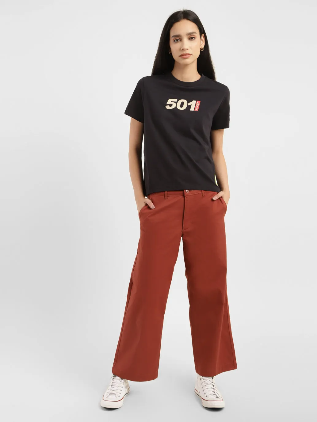 Women's Mid Rise Brown Loose Fit Trousers